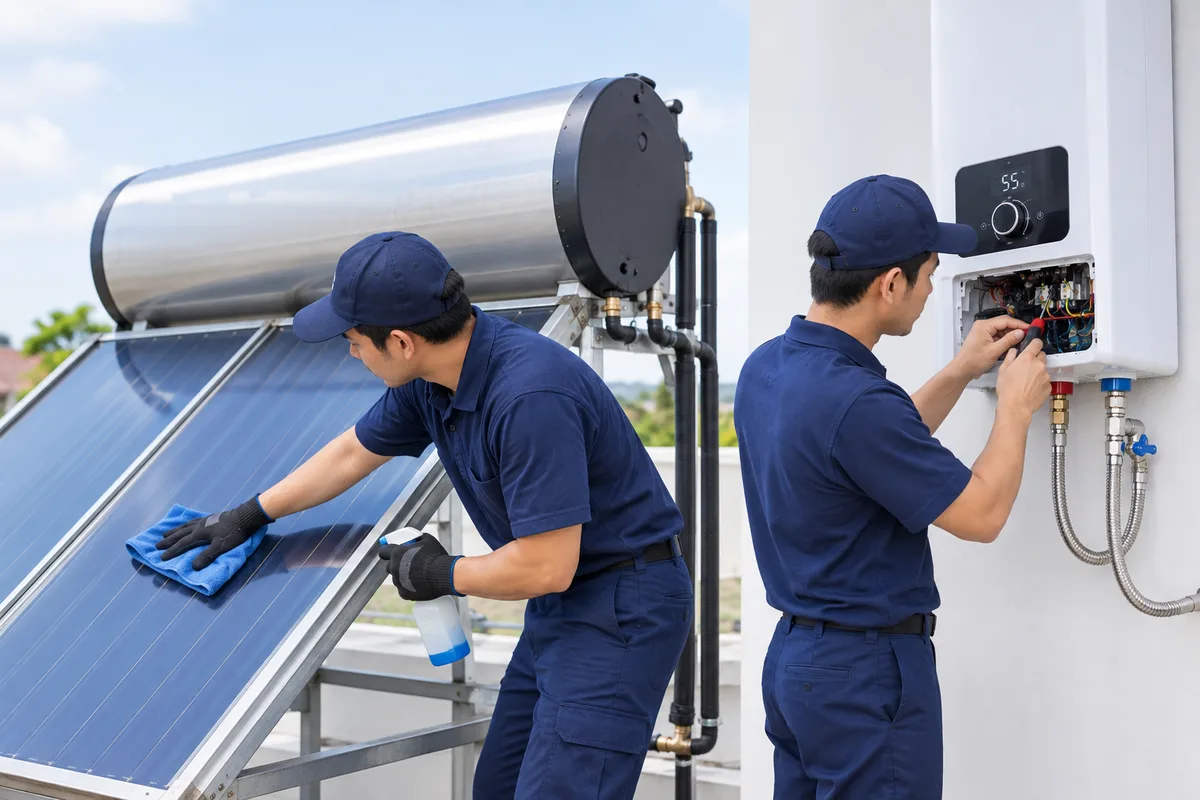 Teknisi Sinar Multi Teknik menservis solar water heater dan water heater listrik